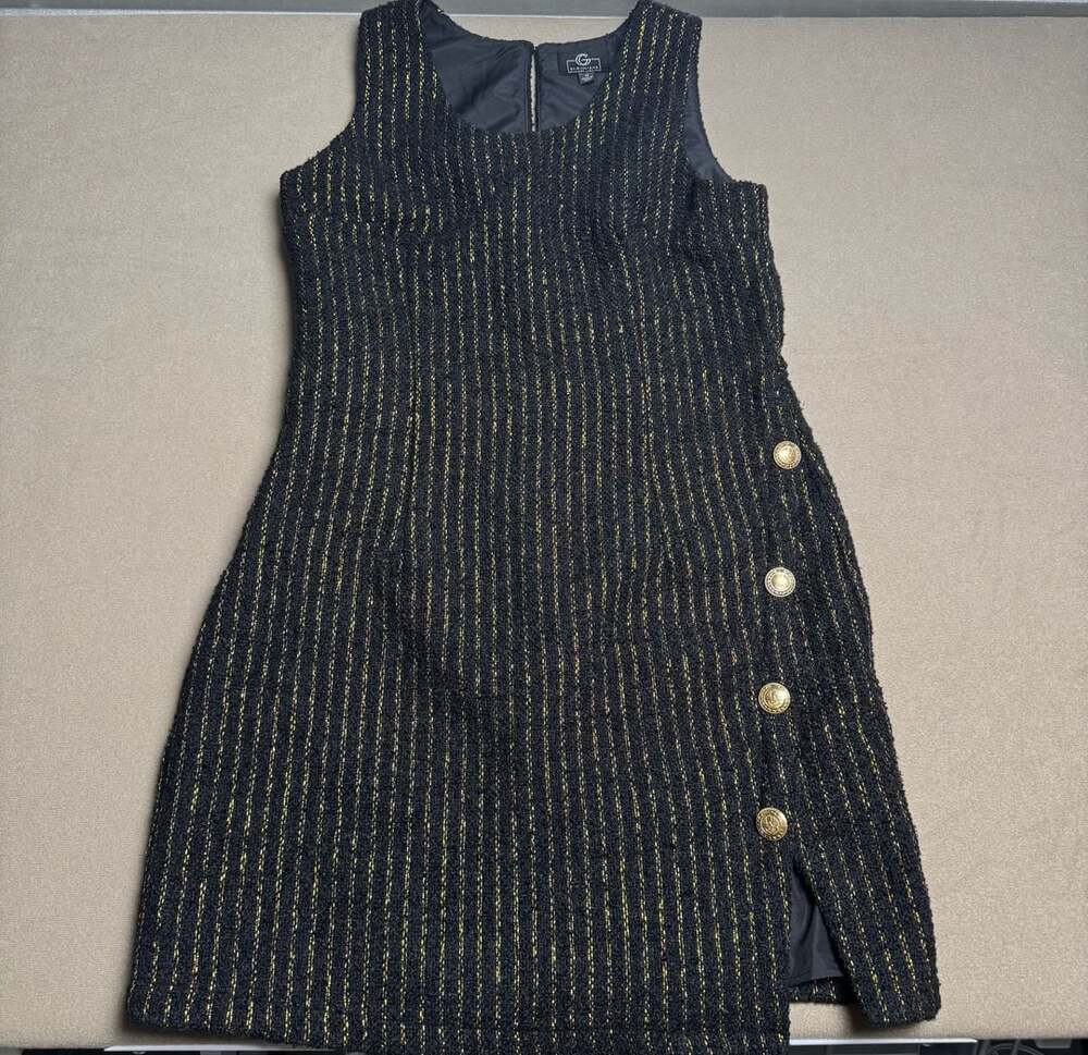 By Giuliana Black Label Tweed Mini Dress Size M Black Gold Striped Button Split